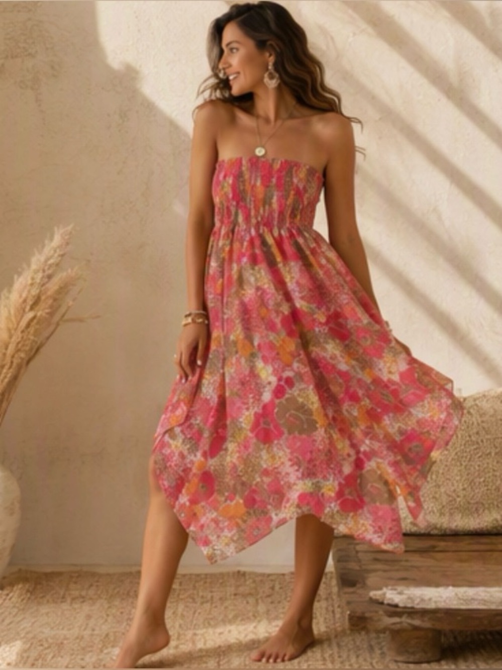 🌷 Steve Madden 🌷 Vibrant Pink Floral Print Chiffon Shirred Top Dress or Skirt